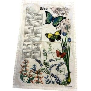 KITCHEN CALENDAR TEA TOWEL-LINEN Butterflies Garden Floral 2020 Susan Winget